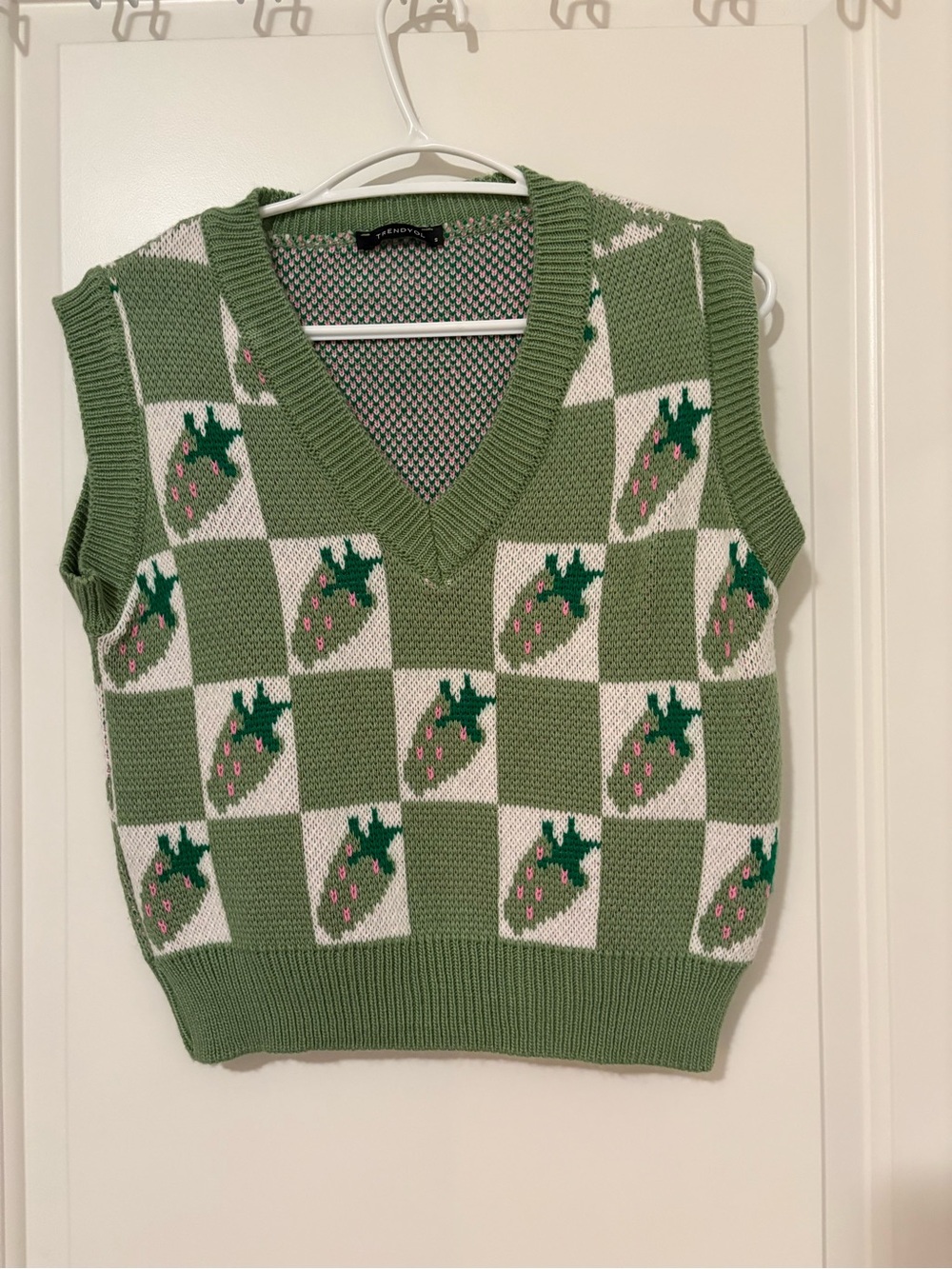 Green Check Strawberry Knit V-Neck Sweater Vest
